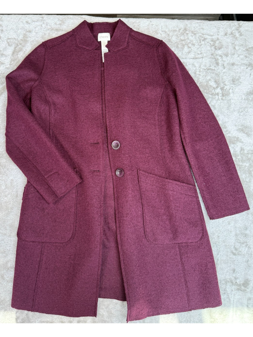 Chicos Burgundy Long Line Wool Blend Notch Collarless Blazer Size 1 Womens 8 M